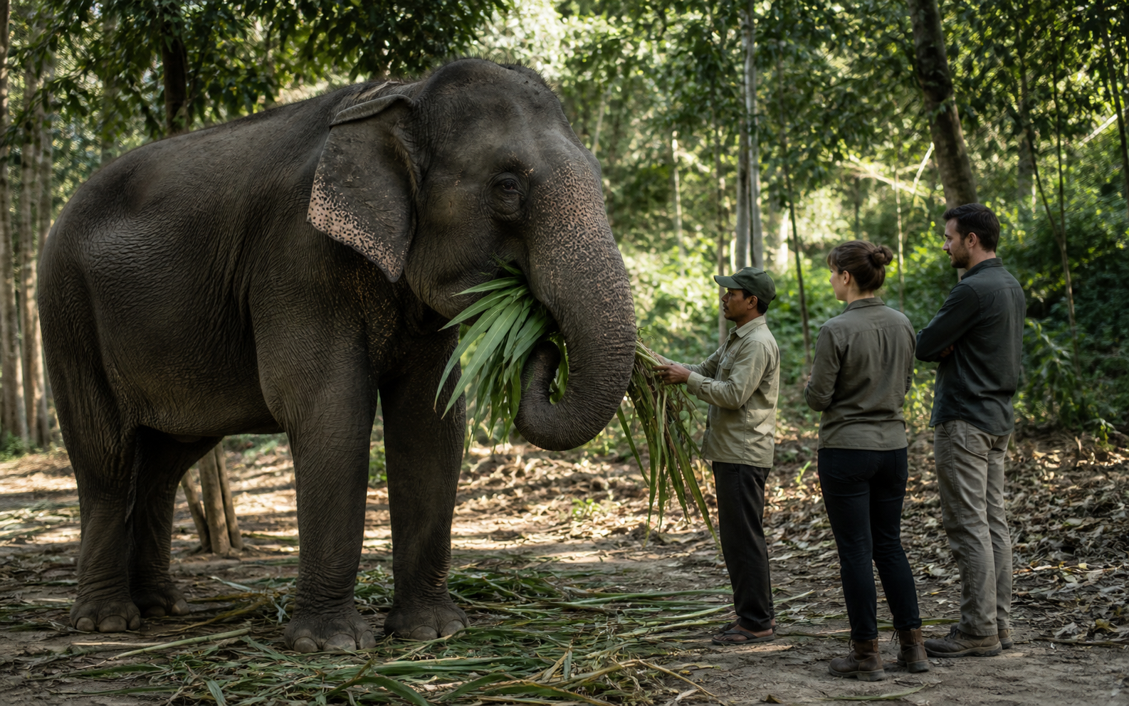 A mahout showing guests how an Asian elephant is fed and cared for